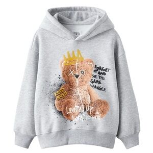 Gray Kids Hoodie with Bear Graphic
